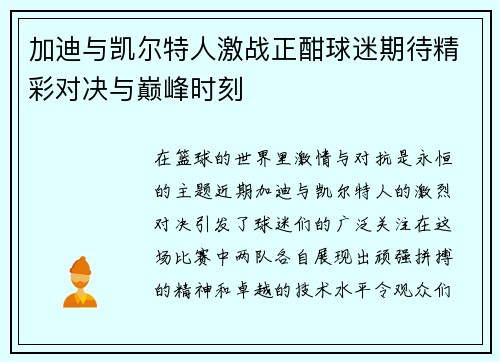 加迪与凯尔特人激战正酣球迷期待精彩对决与巅峰时刻
