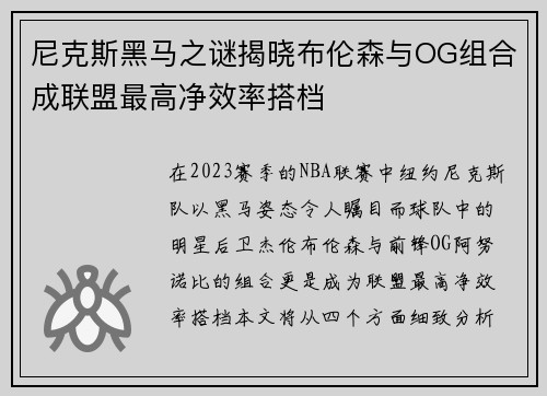 尼克斯黑马之谜揭晓布伦森与OG组合成联盟最高净效率搭档