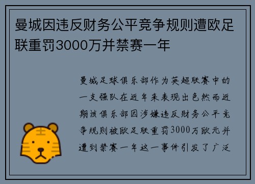 曼城因违反财务公平竞争规则遭欧足联重罚3000万并禁赛一年