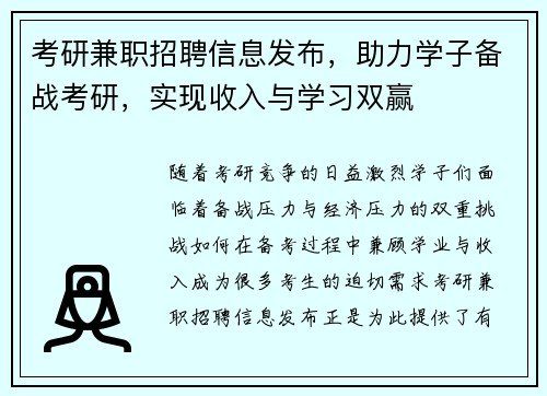 考研兼职招聘信息发布，助力学子备战考研，实现收入与学习双赢
