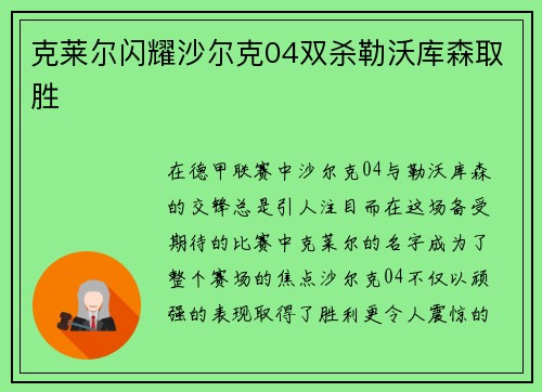 克莱尔闪耀沙尔克04双杀勒沃库森取胜