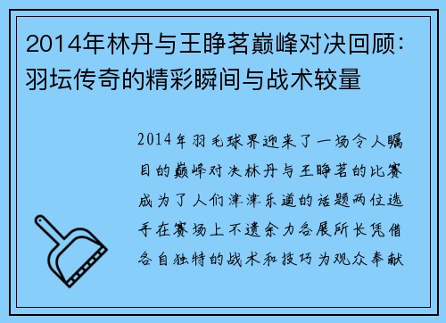 2014年林丹与王睁茗巅峰对决回顾：羽坛传奇的精彩瞬间与战术较量