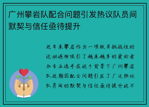 广州攀岩队配合问题引发热议队员间默契与信任亟待提升