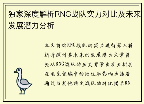 独家深度解析RNG战队实力对比及未来发展潜力分析