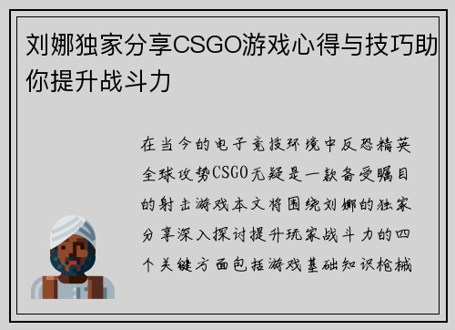 刘娜独家分享CSGO游戏心得与技巧助你提升战斗力