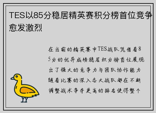 TES以85分稳居精英赛积分榜首位竞争愈发激烈