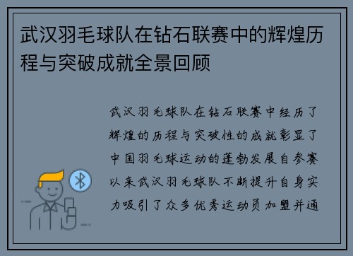 武汉羽毛球队在钻石联赛中的辉煌历程与突破成就全景回顾